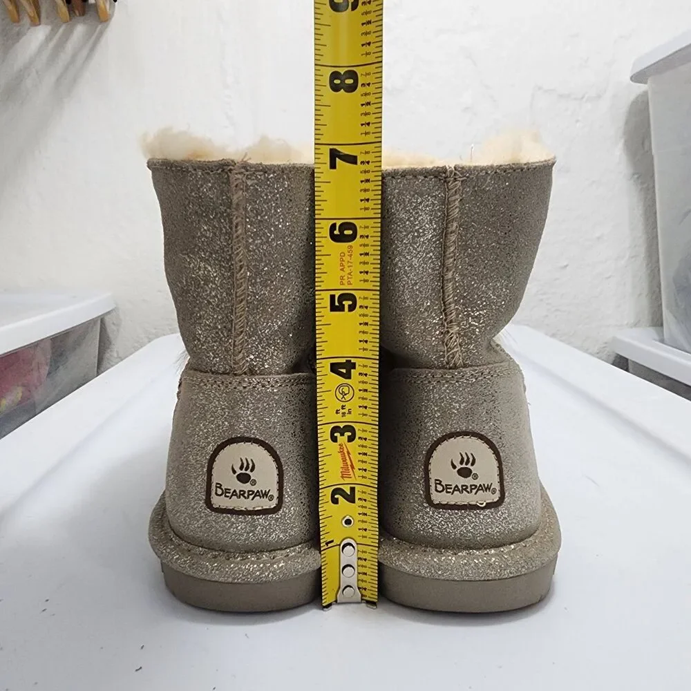 Bearpaw Libby Suede Sheepskin Pom-pom Boots Glittery Pewter Womens Size 8